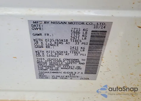 2015 Nissan Pathfinder S из США, поврежденный, VIN 5N1AR2MM8FC608371